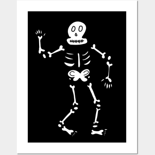 Waving Skeleton Skull and Bones Doodle on a black backdrop, made by EndlessEmporium Posters and Art